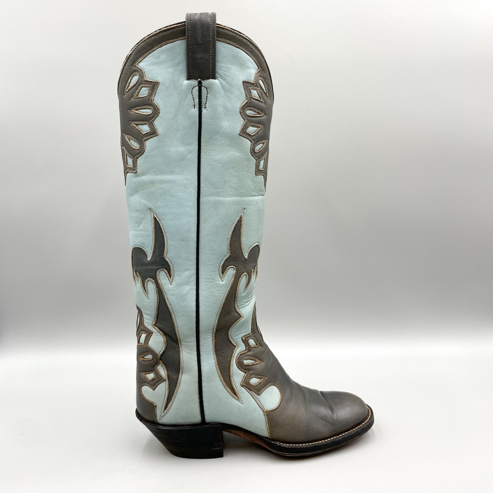 VTG Laramie Womens 265 6.5B Light Blue Grey Leather Western Cowboy Boots Boho